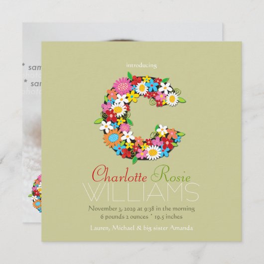 Faire-part Fleurs de printemps Monogramme Bébé Fille Photo Na (Devant / Derrière)