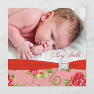 Faire-part Fleurs de rose rouge Chintz Rose rose bébé fille P
