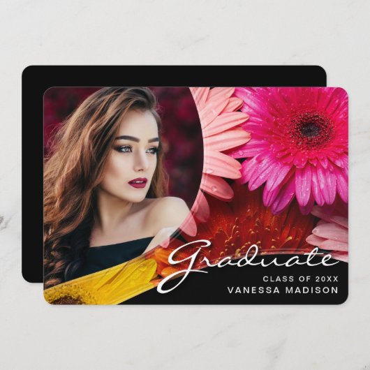 Faire-part Fleurs de script élégantes | Modern Photo Grad (Devant / Derrière)