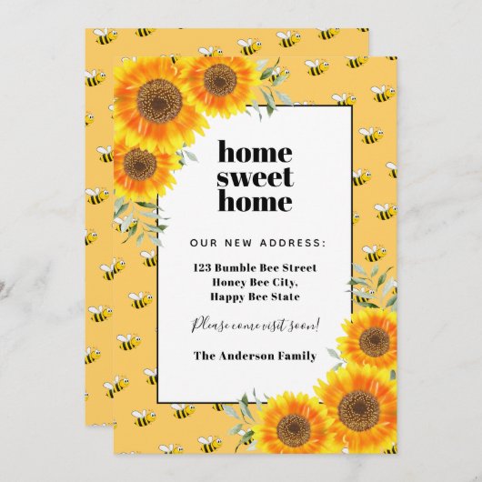 Faire-part Fleurs de soleil joyeux bourdonnement abeilles nou (Devant / Derrière)