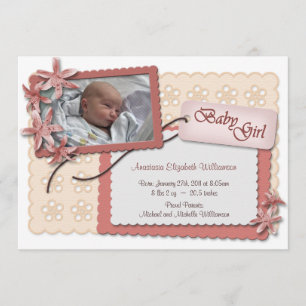 Faire-part Fleurs et Dentelle rose annonce de naissance