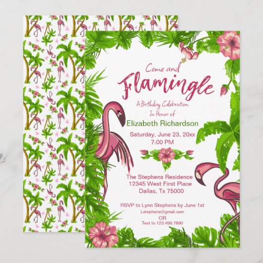 Faire-part Fleurs et Flamants Tropicaux (Devant / Derrière)