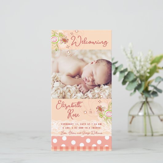 Faire-part Fleurs florales roses Whimsical Baby Girl Photo Na (Debout devant)