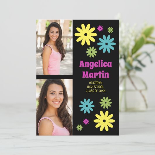 Faire-part Fleurs Hippie rétro 2 Diplôme Photo (Debout devant)