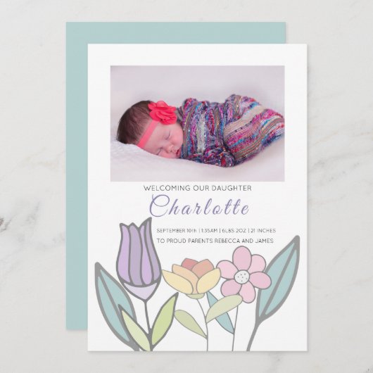 Faire-part Fleurs Pastel Nouveau Bébé Personnalisées (Devant / Derrière)