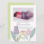 Faire-part Fleurs Pastel Nouveau Bébé Personnalisées (vert) (Devant / Derrière)