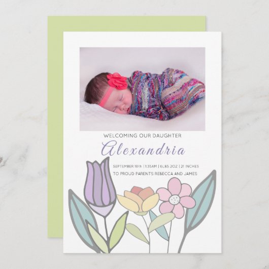 Faire-part Fleurs Pastel Nouveau Bébé Personnalisées (vert) (Devant / Derrière)