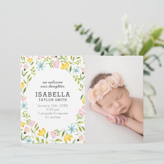 Faire-part Fleurs Pastel Whimsical Bébé Photo Naissance (Debout devant)