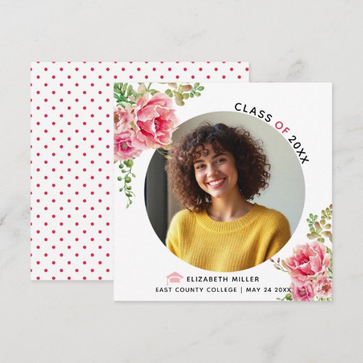 Faire-part Fleurs roses Classe de photo de graduation 2025 (Devant / Derrière)