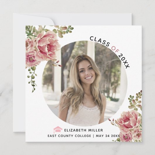 Faire-part Fleurs roses poussiéreuses Classe de 2023 graduati (Devant)