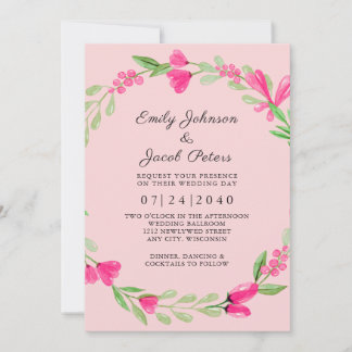 Faire-part Fleurs roses verdure rose clair mariage élégant