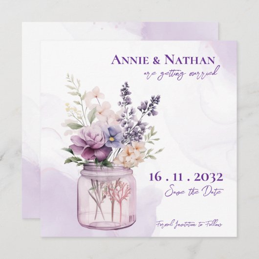 Faire-part Fleurs Violettes Élégantes En Mariage Floral Mason (Devant / Derrière)