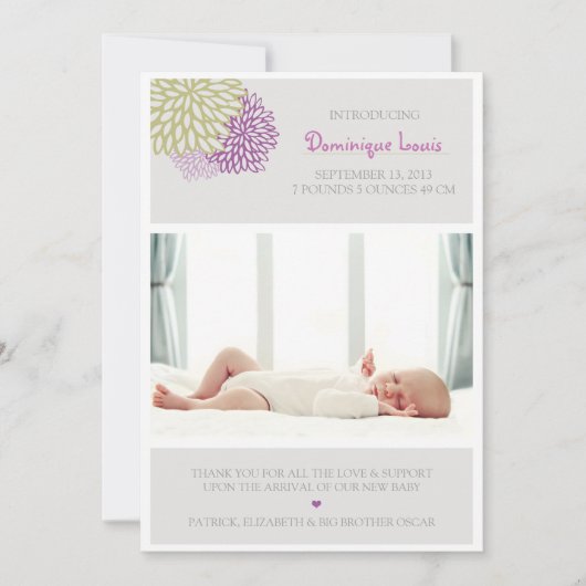 Faire-part Fleurs violettes et vertes - Annonces de naissance (Devant)