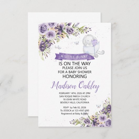 Faire-part Fleurs violettes Une petite fête de bébé lapin (Devant / Derrière)