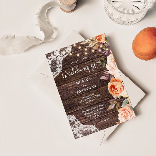 Faire-part floral avec dentelle de bois, rose et p