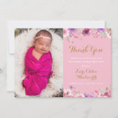 Faire-part Floral Baby Girl Script photo Merci rose naissance (Devant)