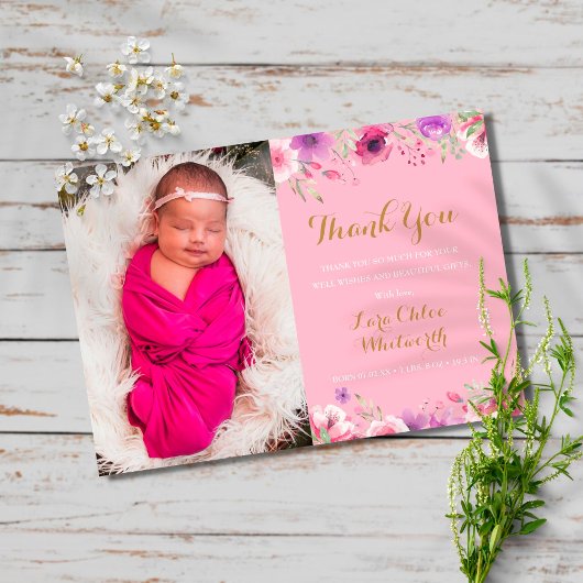 Faire-part Floral Baby Girl Script photo Merci rose naissance