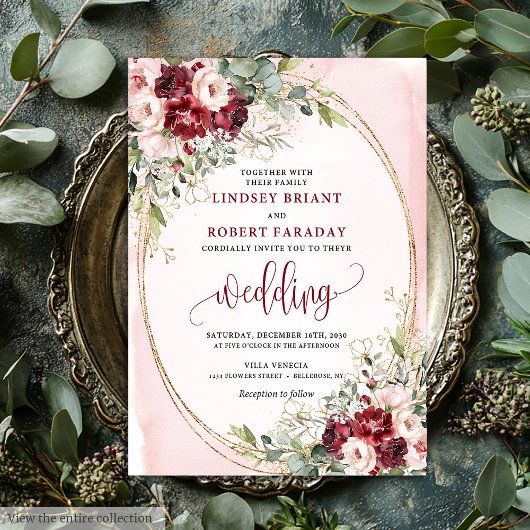 Faire-part floral de style boho burgundy blush or