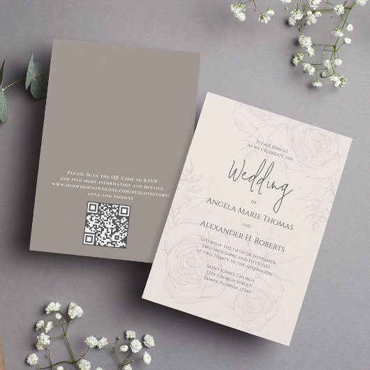 Faire-part Floral Élégant Simple | Code QR