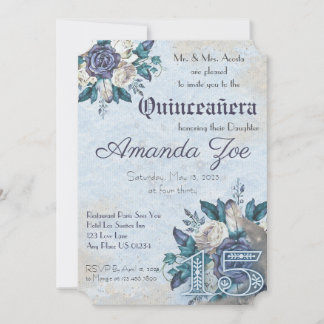 Faire-part floral poussiéreux bleu pour mes quince