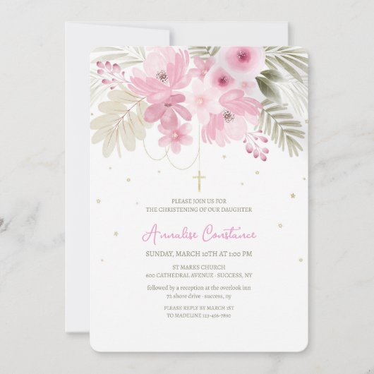 Faire-part floral rose pour baptême (Devant)