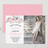 Faire-part Floral rose sur la photo blanche graduation (Devant / Derrière)