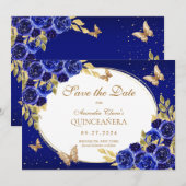 Faire-part Floral Royal Blue Gold Butterfly Quinceanera (Devant / Derrière)
