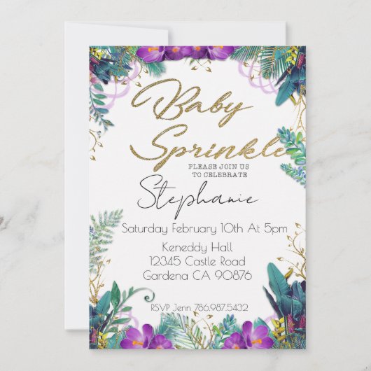 Faire-part floral tons violets pour baby sprinkle (Devant)