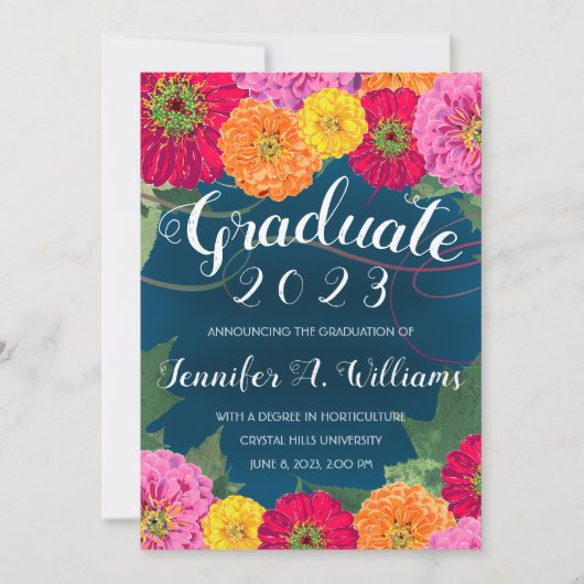 Faire-part Floral Zinnia Aquarelle Bleu 2023 Graduation (Devant)