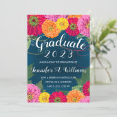 Faire-part Floral Zinnia Aquarelle Bleu 2023 Graduation (Debout devant)