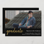 Faire-part Formal moderne Black Gold Script photo Graduation (Devant / Derrière)