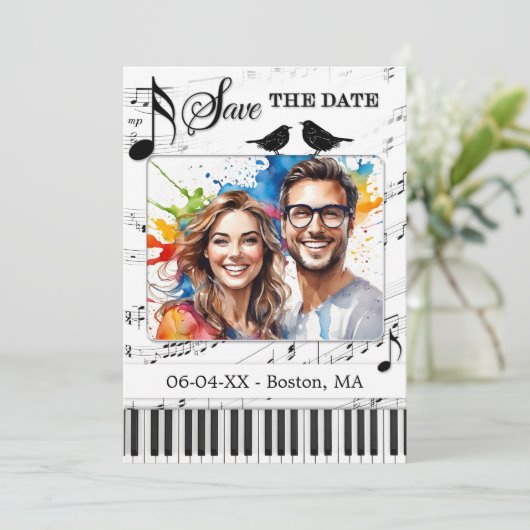 Faire-part Fun Music Black and White Photo Enregistrer la dat (Debout devant)