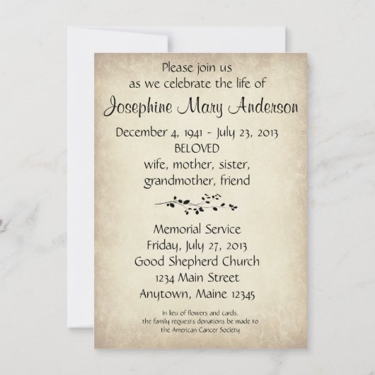 Faire-part funéraire Conception de la vigne feuill (Dos)