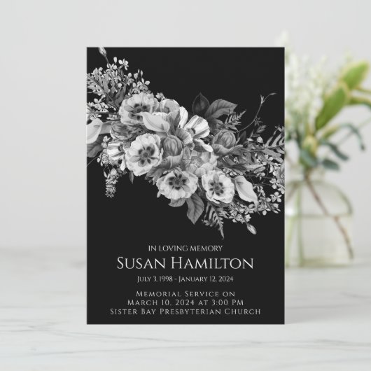 Faire-part funéraire noir et blanc Pansy (Debout devant)