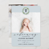 Faire-part Garçon Bleu Eucalyptus Verdure Monogramme Naissanc (Devant / Derrière)