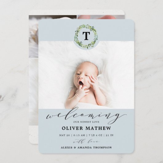 Faire-part Garçon Bleu Eucalyptus Verdure Monogramme Naissanc (Devant / Derrière)