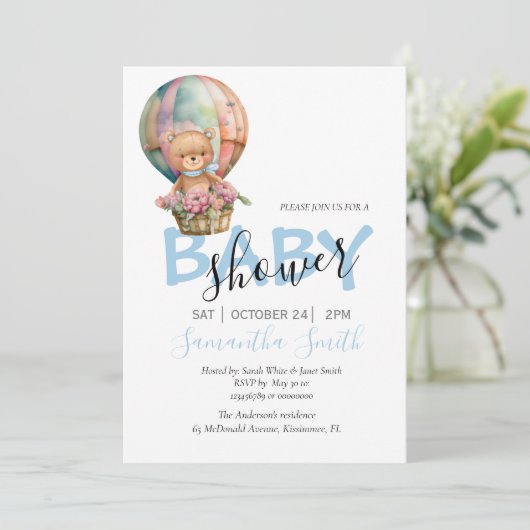 Faire-part Garçon Teddy Bearly Wait Hot Air Balloon bleu (Debout devant)