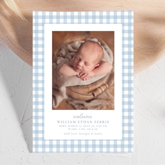 Faire-part Gingham bleu classique simple naissance deux photo