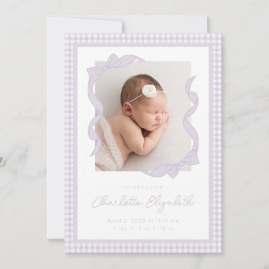 Faire-part Gingham Bow Photo Birth Announcement (Devant)