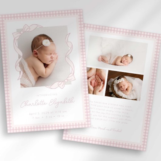 Faire-part Gingham Bow Photo Birth Announcement