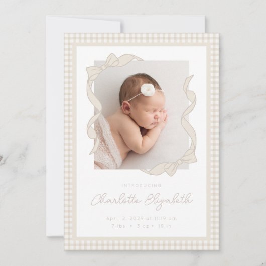 Faire-part Gingham Bow Photo Birth Announcement (Devant)