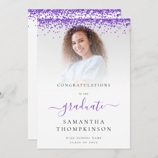 Faire-part Glam Purple Parties scintillant Photo 2024 Graduat (Devant / Derrière)