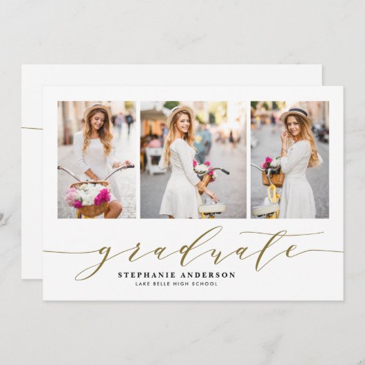Faire-part Gold Dainty Script Trois diplômes photo (Devant / Derrière)