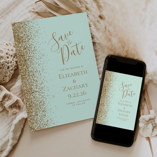 Faire-part Gold Glitter Edge Mint Green Save the Date