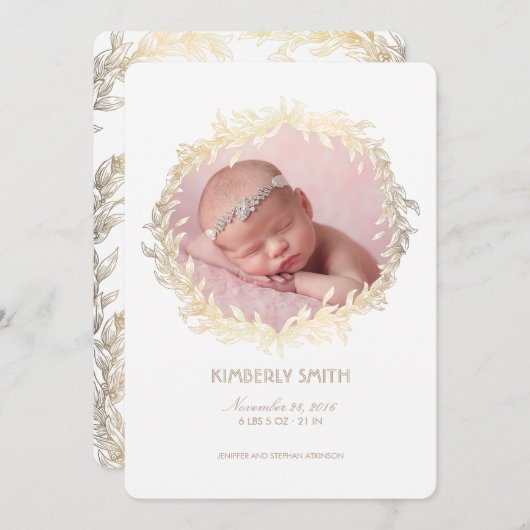 Faire-part Gold Laurel Wreath White Nouveau-né Photo Naissanc (Devant / Derrière)