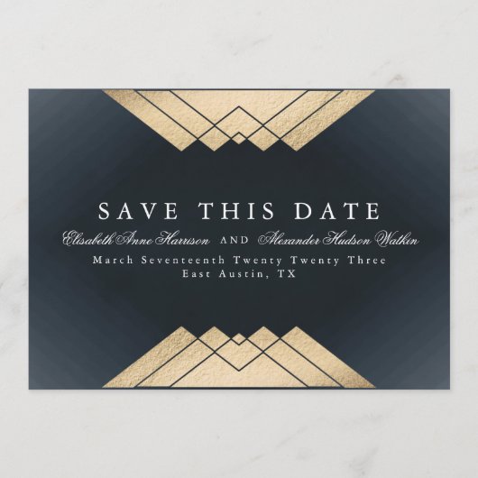 Faire-part Gold Navy Blue Gatsby Foil Enregistrer La Date (Devant)