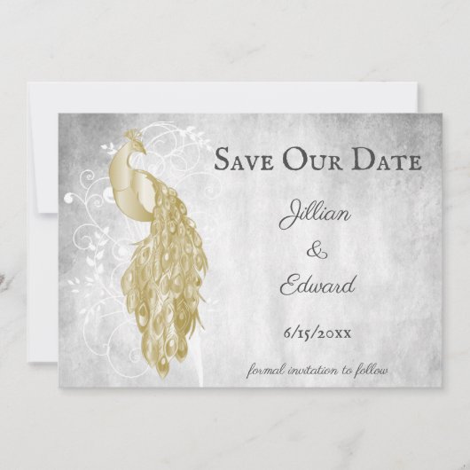 Faire-part Gold Peacock Enregistrer La Date Annonce (Devant)