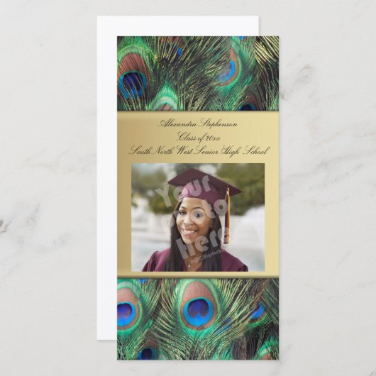 Faire-part Gold Peacock Feather Elegant Graduation (Devant / Derrière)