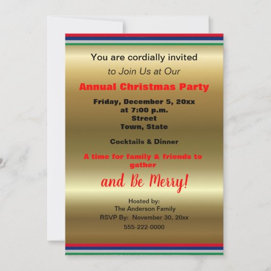 Faire-part Gold Red Fête de Noël rayée (Devant)