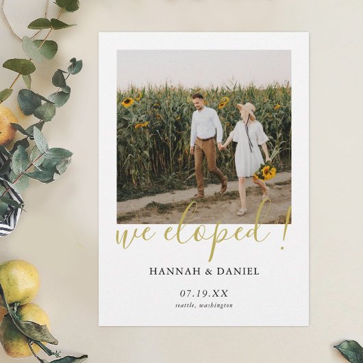 Faire-part Gold Script Custom We Eloped Card avec photo
